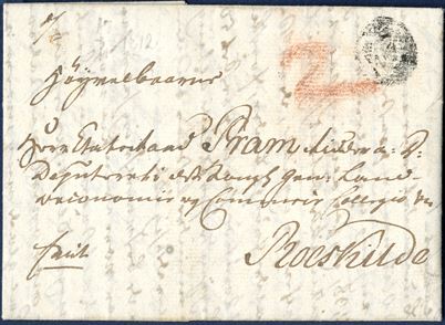 Foot post letter from Copenhagen 11 November 1812 to Roeskilde. Manuscript “frit” indicated that the letter was prepaid to Roeskilde. In Roeskilde the local delivery fee of 2 sk. marked with red crayon “2” paid by addressee. Foot post letters sent outside Copenhagen to other provincial cities are in fact small rarities.