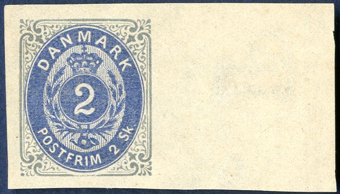 2 sk. bicoulored normal frame pos. A70, with watermark, no gum, imperforate colour proof with right sheet margin. Very rare with full sheet margin (AFA P16B)