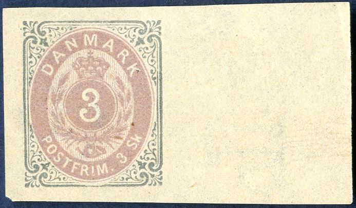 3 sk. bicoulored normal frame pos. A40, with watermark, no gum, imperforate colour proof with right sheet margin. Very rare with full sheet margin (AFA P17B)