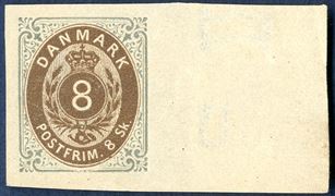 8 sk. bicoulored normal frame pos. A40, with watermark, no gum, imperforate colour proof with right sheet margin. Very rare with full sheet margin (AFA P19B)