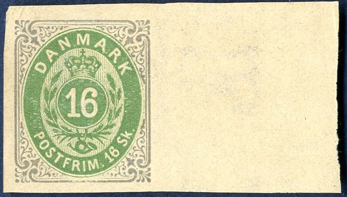 16 sk. bicoulored normal frame pos. A70, with watermark, no gum, imperforate colour proof with right sheet margin. Very rare with full sheet margin (AFA P20B)