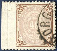 48 sk. normal thick frame perforated on three sides and left side imperforate with part of sheet margin, cancelled in Svendborg. Extremely scarce with imperforate left sheet margin.