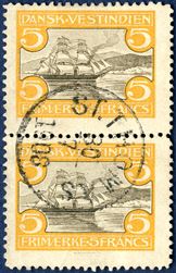 5 Francs St. Thomas Harbour issued cancelled with cds ‘ST. THOMAS 30/7 1908’. Plate flaw with broken white line under ‘K·VE’ in DANSK VESTINDIEN, on the upper stamp of the pair. AFA catalog value for the stamps alone DKK 5.400.