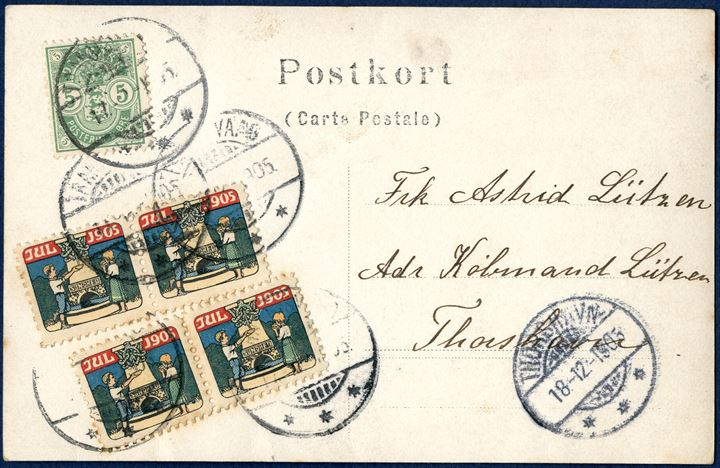Postcard from Trangisvaaag 17 December 1905 to Thorshavn. 5 øre Coat-of-Arms paying postcard rate and two pairs of 1905 CHRISTMAS SEAL tied by Trangisvaag postmark. Postcards with 1905 Danish Christmas seals are very unusual on local postcards within the Faroe Islands.