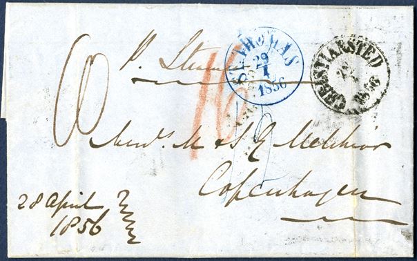 Unpaid letter sent from Christiansted 28 April 1856 to Copenhagen, Denmark. Canceelled ANT1 “CHRISTIANSTED 28/4 1856” alongside ANT1 “ST. THOMAS 29/4 1856” struck in blue ink. Charged manuscript “51/9” on reverse, total “60” Skilling due by the addressee noted on face, with 9 sk. Danish share, 51 foreign share = “16” Schilling Courant” = “12” Silver Groschen, of which the British share is “10” pence = 9 Silver Groschen, leaving German share with 3 Silver Groschen (12 less 9).
