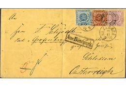 22 sk. rate cover from Copenhagen via Hamburg to Grafenberg in Austrian Schlesia Dec. 20, 1863-64 franked with 16 skilling rouletted, 2 skilling 1855 and 4 sk. rouletted tied by duplex numeral 181. Rectangular Aus Dänemark alongside. Red crayon 3 Sgr. for the rate share to the union. Very fresh shade of the 16 sk. stamp, cover folded, but fine and neat appearance.