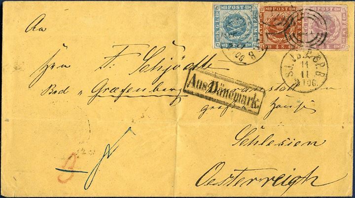 22 sk. rate cover from Copenhagen via Hamburg to Grafenberg in Austrian Schlesia Dec. 20, 1863-64 franked with 16 skilling rouletted, 2 skilling 1855 and 4 sk. rouletted tied by duplex numeral 181. Rectangular Aus Dänemark alongside. Red crayon 3 Sgr. for the rate share to the union. Very fresh shade of the 16 sk. stamp, cover folded, but fine and neat appearance.