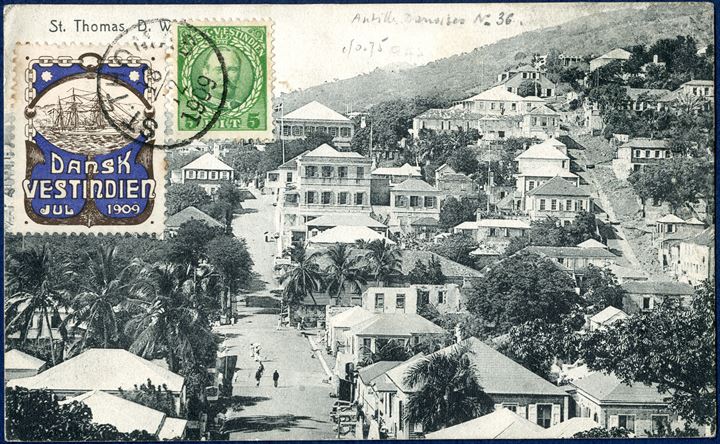 Picture postcard from St. Thomas 18 December 1909 to Toulon, France. 5 BIT King Frederik VIII green and local CHRISTMAS SEAL 1909 tied by LAP 'ST. THOMAS 18/12 1909' on picture side.