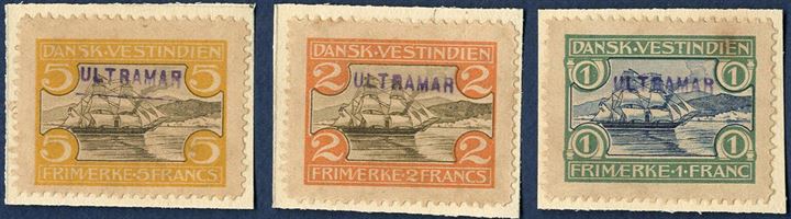 Complete set of St. Thomas Harbour-issue overprinted ULTRAMAR in purple, being the UPU supplies distributed by the Portugeese Post to their colonies. Extremely rare set.