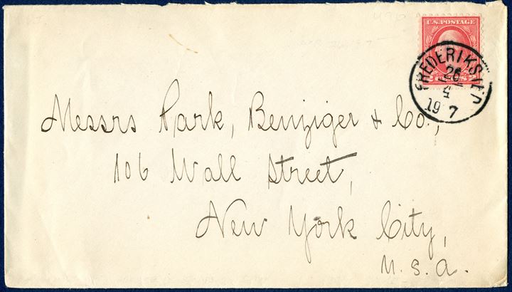 Envelope from Frederiksted 26 April 1917 to New York, USA. 2 cents US stamp cancelled with the Danish type LAP 'FREDERIKSTED 26/4 1917'. 2 Cents correspond to 10 BIT domestic rate, from 1 April 1917 DWI was US territory. Transition period from 1.4.1917 - 30.9.1917.