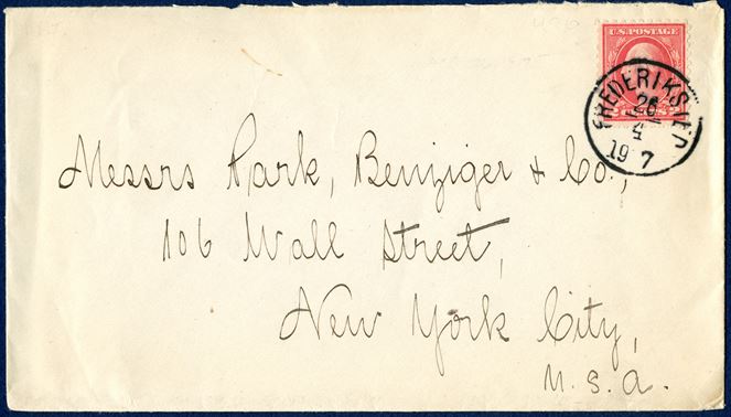 Envelope from Frederiksted 26 April 1917 to New York, USA. 2 cents US stamp cancelled with the Danish type LAP 'FREDERIKSTED 26/4 1917'. 2 Cents correspond to 10 BIT domestic rate, from 1 April 1917 DWI was US territory. Transition period from 1.4.1917 - 30.9.1917.