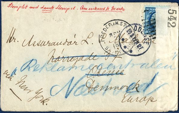 Transition letter. Letter from Frederiksted during the transition period 1.4.1917 - 30.9.1917 to Copenhagen, Denmark. US 5 cent stamp tied by US datestamp 'FREDERIKSTED ---/21 1917 / SAINT CROIX'. 5 Cents equals 25 BIT UPU single letter rate. British re-sealing tape 'OPENED BY CENSOR. / 542'. ODENSE reception mark 20.8.1917.