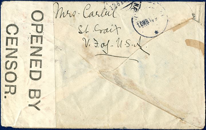 Transition letter. Letter from Frederiksted during the transition period 1.4.1917 - 30.9.1917 to Copenhagen, Denmark. US 5 cent stamp tied by US datestamp 'FREDERIKSTED ---/21 1917 / SAINT CROIX'. 5 Cents equals 25 BIT UPU single letter rate. British re-sealing tape 'OPENED BY CENSOR. / 542'. ODENSE reception mark 20.8.1917.