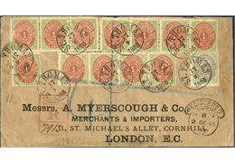 Registered letter from St. Thomas 17 September 1895 to London, England. 12x 1 cent bicolored IX printing and 5 cents  VI printing, 1c position 91 isolated normal frame in the first stamp of the upper right strip of four. UPU 10 cents letter rate plus 7 cents registration fee, total rate 17 cents.