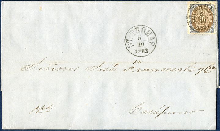 Lettersheet sent from St. Thomas 5 October 1882 to Carupano, Venezuela. 10 Cents bicoloured III printing perforation 14 x 13 1/2, normal frame and tied by St. Thomas CDS. Letters to South America are rather unusual from Danish West Indies compared to all other countries around the world. 10¢ UPU letter rate 1.4.1879 – 31.12.1901.