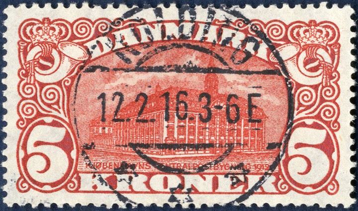 5 kr. Central Post Office 1915-issue. Superb centring and “KOLDING 12.2.1916 3-6E” cancellation.