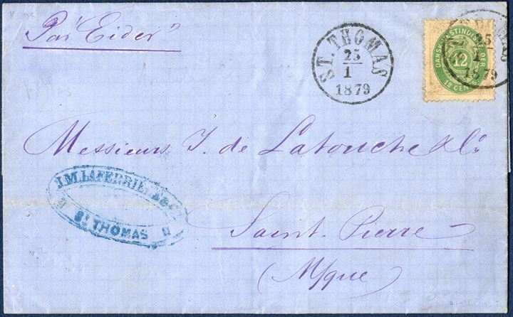 Complete letter sheet sent from St. Thomas 25 January 1879 to Saint-Pierre, Martinique. 12 cents I printing tied by datestamp ANT2 'ST. THOMAS 25/1 1879', routing instruction RMSPC ‘ PAR EIDER ’. EIDER left St. Thomas 26th of January and arrived at Martinique en route to Barbados, reception mark on reverse MARTINIQUE * ST. PIERRE * 28 JANV. 79.12 cents 1st transitional UPU rate from 1.9.1877 - 1.4.1879, a rare example of 12c Intra- Caribbean rate, only two such letters recorded in the census with 12c single franking. The 12 cents was the first UPU rate and lowered to 10 cents on 1.4.1879.
