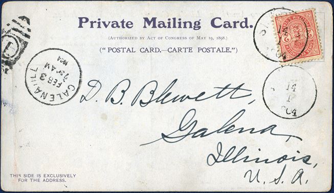 Private Mailing Card, Hamburg-American Line’s Cruises to the West Indies, Steamer ‘PRINZESSIN VICTORIA LUISE’ sent from St. Thomas 14 January 1904 to Illinois, USA. 2¢ Coat-of-Arms cancelled with cds ST. THOMAS 14/1 1904. UPU postcard rate 2¢ from 1.1.1902.