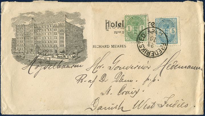 Decorative business envelope sent locally from Frederiksted 23 October 1902 to St. Croix. 1 cent and 5 cents Coat-of-Arms issue tied by LAP2 ‘FREDERIKSTED 23/10 1902’ and reception mark on reverse ‘CHRISTIANSTED 23/10 1902’. Domestic third letter rate 3x 2¢ = 6 cents from 1.1.1902 – 14.06.1905.