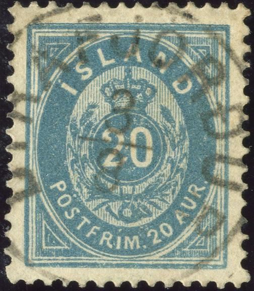 20 aur greenish blue III printing 1891 nicely cancelled with lapidar type “DYRAFJÖRDUR”.