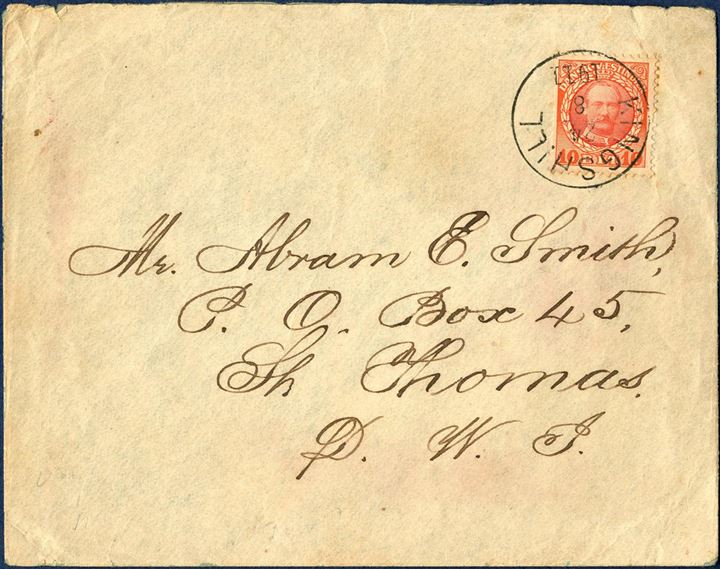 Domestic letter sent from Kingshill 24 August 1911 to St. Thomas. 10 BIT King Frederik VIII red/red tied by KINGSHILL 24/8 1911 LAP1, with ST. THOMAS 25/8 1911 LAP4 receiving mark on reverse.