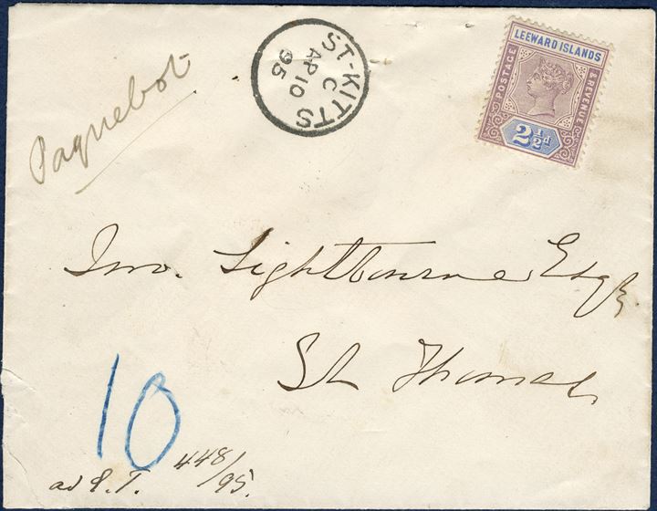 Insufficiently franked letter from St. Kitts 10 April 1895 to St. Thomas, Danish West Indies. A 2 1/2d Leward Islands stamp affixed, not obliterated, and on arrival at St. Thomas charged 10 cents. A note on the letter ‘ad S.T. 448/95’, possible because a clerical note about the missing postage, reception mark ‘ST: THOMAS 11/4 1895’. A rare and unusual postage due letter. 