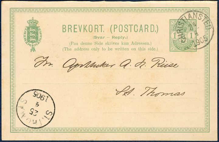 1¢ Coat-of-Arms double postal card REPLY card sent from Christiansted 24 April 1905 to St. Thomas with reception LAP ‘ST. THOMAS 25.4.1905’ applied on front. Reply sides rarely seen used. Domestic postal card rate 1 cent from 1.1.1902 – 14.6.1905.