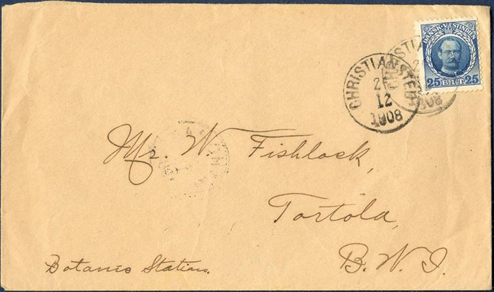 Letter from St. Thomas 28 December 1908 to nearby neighbour Island, Tortola. 25 BIT blue/blue Frederik VIII, I printing with medillion shifred exposing a white are above the Kings head, tied by CHRISTIANSTED 28/12 1908 LAP2, transit mark St. Thomas 28/12 on reversing and receiving mark on reverse ROAD-TOWN / TORTOLA V.I. / 8 AM / DE 31 / 1908. Within a 300 miles zone in the Caribbean area a favored rate of 25 BIT were in use from 15.7.1905 – 31.12.1909, a quite scarce DVI letter rate.