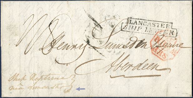 Folded letter dated St. Croix 15 July 1817 to Aberdeen via Lancaster, Great Britain. By ship and on arrival stamped framed, stepped ‘LALNCASTER / SHIP LETTER’ and backstamped fleuron ‘LANCASTER / 9 SEP 9 / 1817 / o 239 o’ and red ‘SEP / W  M / 1811’. Routing instruction noted ‘Ship Neptune / Via Lancaster. Charge note ‘1/8’ due. 