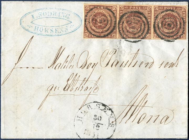 Lettersheet from Horsens 30 December 1851 to Altona, Duchy of Altona. 3-strip 4 Rigsbank-Skilling Ferslew printing, Plate I, pos. 54-55-56, cancelled with mute 5-ring cancel and datestamp Antiqua IIb HORSENS 30/12 1851. 12 sk. rate to the Duchy of Holsten from 1.4.1851 – 30.6.1853. Few recorded, exhibition quality.