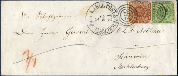 Letter from sent fom the Island of Seeland 28 March 1860 to Schwerin, Mecklenburg. Franked with 4 sk. 1858 II printing and 8 sk. 1858 wavy-line spandrels, tied by duplex numeral ‘182’ SJÆLL.POST:SPED.BUREAU T2 28/3 1860’. Insufficiently franked by 1 sk., rate 13 sk. 15.7.1854 – 29.2.1864, due by addressee = ¾ Sgr. noted in red crayon. A rare combination of 4 and 8 sk. wavy-line issue. 