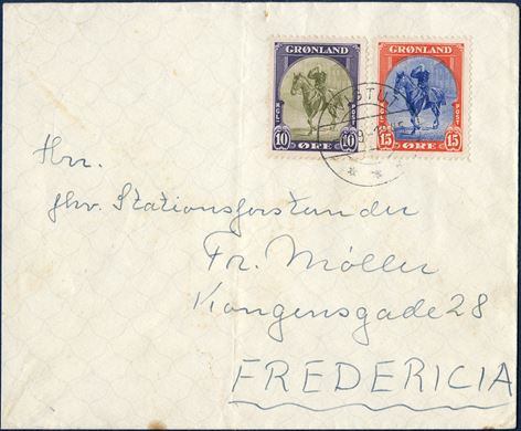 Letter from Ivigtut 1 September 1945 to Fredericia, Denmark. 10 and 15 øre American issue tied by datestamp IVIGTUT 1.9.1945, with senders note on reverse ‘H. Møller, s/s „LINDA”, Ivitgut, Grønland. Letter rate 20 øre from 1.5.1945, overfranked with 5 øre. A most unusual letter.
