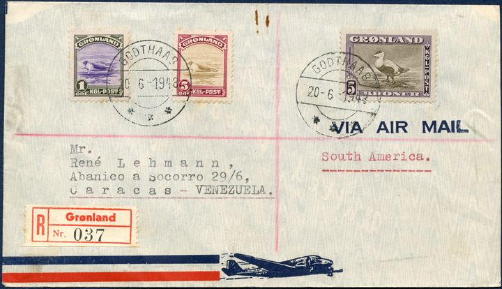 Registered airmail letter from Godthaab 20 June 1948 to Caracas, Venezuela. 1 and 5 øre, 5 Kr. American issue tied with datestamp GODTHAAB 20-6-1948 and Caracas reception mark on reverse. Extremely rare destination and 5 kr. on letter most unusual.