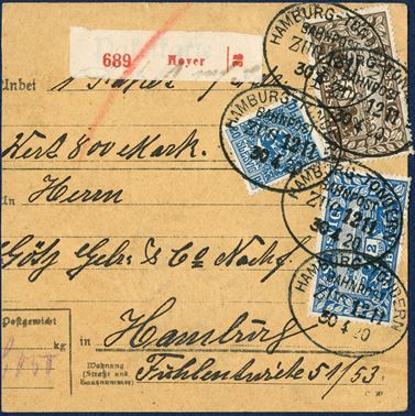 German parcel card from Hoyer 30 April 1920 to Hamburg, Germany. Mixed franking of two 40 pf. 20 pf, 1 and 2 Mark Plebiscit. Value 800 Mark, registration label ‘589 / Hoyer / 35’, parcel weighing until 10 kg, parcel fee above 75 km. = 2,50 Mark, registration 0,20 Mark, value fee until 1000 Mark 0,40 Mark, total 3,20 Mark, correct franking.