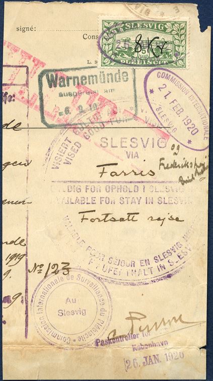 Part of travel pass. Stamped with the large VISA mark “Vised good for” stay and fortsat rejse in Slesvig at the border crossing Farris, 21 FEB 1920. Plebiscit SLESVIG 5 MK corrected to 8 Kr. and used as fiscal duty stamp, cancelled with oval “CIS 25 JAN 1920 SLESVIG”. Stamped with cachets from the CIS.