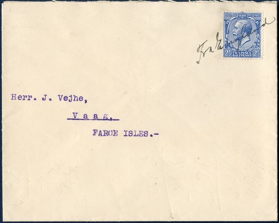 Letter from Leith August 1912 to Vaag, Faroe Islands. Delivered onboard the steamer to Faroe Islands, then on arrival ink manuscript ‘Fra England’ and stamped on back with reception datestamp VAAG 24.8.12 3-5E. Manuscript Fra England not listed in GF10 2017 edition.