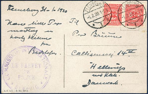 Postcard from Flensburg 1 February 1920 to Hellerup, Denmark. Pair 10 pf Plebiscit tied by datestamp ‘FLENSBURG 1.2.20 1-2V / *1 k’ and official cachet ‘COMMISSION INTERNATIONALE * SLESVIG * LE PREFET DE POLICE’, scarce on letters.