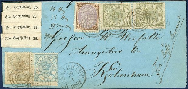 Parcel letter front from Musse letter collecting place Fra Musse Brevsaml. to Copenhagen Jan 20, 1871-72 for four parcels weighing 36 , 38 , 37 1/2 , 39  a total of 150 ,  with Saxkiøbing labels 25-28. Postage paid cash, a total of 90 skilling on the cover with 48 sk, pair of 16 sk., 2 and 8 sk. Arms type - not complete franking. Fresh shade for the 48 sk. stamp. Musse collecting place from 1.10.1867-22.8.1872. A scarce parcel item.