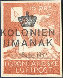 10 ØRE - I GRØNLANDSKE LUFTPOST, UDET air mail stamp cancelled with 3-line [crown] / KOLONIEN / UMANAK and dateline stamp '-8.JUL.1932'. Stamp engraved by the American artist, Rockwell Kent, colour of stamp well preserved and in stamp in very fine condition.