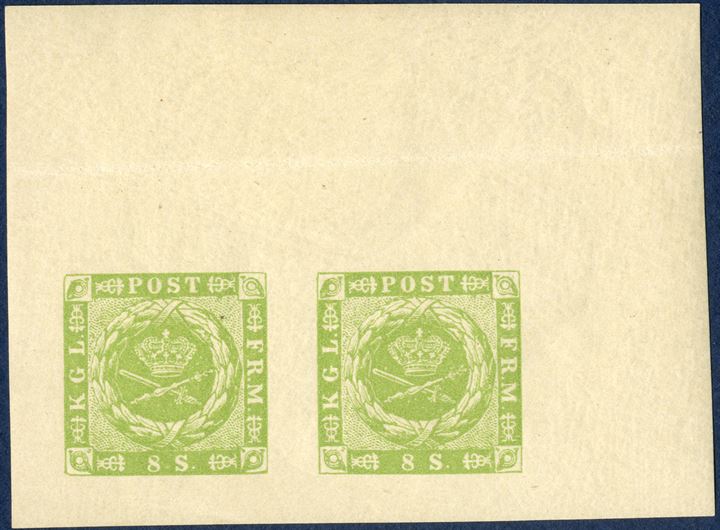 4 sk. 1854 and 8 sk. 1857 dotted spandrels, in pair with upper sheet margin from 1924 Reprints. A rare set.