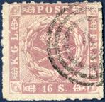 16 sk. rosy mauwe 1863, rouletted issue, cancelled with numeral 1 Copenhagen. With plate flaw, dent in West frame near letter L, pos. 31 in the sheet.