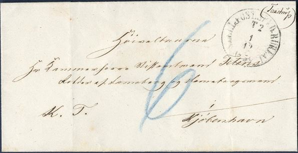 Royal Service letter with wax seal GREVE PASTORAT to Copenhagen 1 December 1859?, with blue crayon 6 sk. due by addressee and manuscript town name TAASTRUP top right corner.