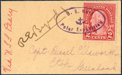 Miniature cover addressed to Mr Lincoln Russell, Etah, Greenland and inscribed via U.SS Peary, and signed R.E Byrd, franked with U.S 2c tied by oval U.S NAVY / POLAR EXPEDITION cachet, a very scarce flown Polar Air Mail cover addressed to Greenland. Scarce.