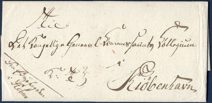 Royal Service letter from Hobroe 14 February 1811 to Copenhagen, with notice on the front “Fra Byefogeden i Hobroe”, list no. 2 on the back. Content concerning the accommodation of the Spanish and sale through auction. From the Napoleonic war-time period with the British Forces at Anholt.