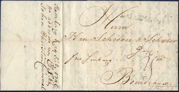 Letter originating Stettin 22 July 1746 to Bordeaux, France. Forwarder ‘Hamburg d. 29 July 1746, pr. Addresse Johan Christian Crimmel’. Postmarked T&T ‘D ALLEMAGNE’ Type IIb 38,5 x 4 mm, charged ‘25’ sols Hamburg-Bordeaux due.