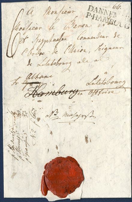 Prepaid letter from Ledreborg 27 March 1812 to Lütetsburg north of Emden. Paid to Altona, with a break down of the postal rate on the flap, P. Haders ?. – 6, Pr. Hamburg ? 5-30, Pr. Grænsen 5-30, total 66 sk. paid, list no. 2-66. With a “6” marking and stamped “DANNEMARC/P·HAMBOUG”. Letter’s with a calculation of the paid postage is extremely scarce for letters abroad. Sent during the Napoleonic War. 