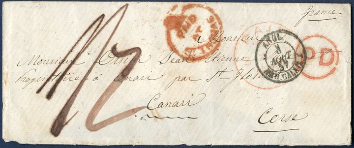 St. Thomas 16 July 1857 to Canari, Corsica, France. Stamped with British PO crowned 2-ring red ink 'PAID AT ST.-THOMAS', prepaid '1/2'. Sent with RMSPC steamer 'PARANA' departing from St. Thomas 16 July and arriving at Southampton 1 August. London 'PAID ALL / AU 2 / 1857', red circle 'PD', French 'ANGL / AMB.CALAIS 1 3 AOUT 57', backstamped small double ring 'ST. THOMAS 16 JUL 1857', Paris and receiving mark 'ST-FLORENT-EN-CORSE 9 AOUT 57 / 19'.