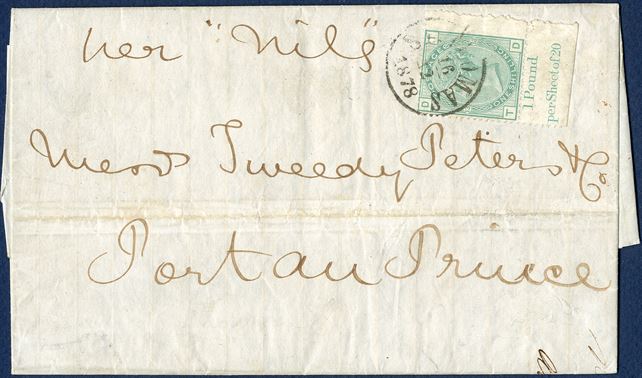 Liverpool 1 December 1878 to Port-au-Prince, Puerto Rico. Noted with routing instruction 'per Nile'. British 1/- green plate 13 prepaid to destination. The letter was carried outside the British mail to St. Thomas and postmarked and postmarked with Danish 'ST. THOMAS 16/12 1878' on back as well as used for canceling the adhesive, arriving with RMSPC 'NILE' at St. Thomas 16 December. Next day, the 17 December, it was shipped with RMSPC steamer 'NILE' arriving at Jacmel on the 19 December. A most unusual letter and so far, probably the only recorded British stamp cancelled with the Danish postmark on letter.