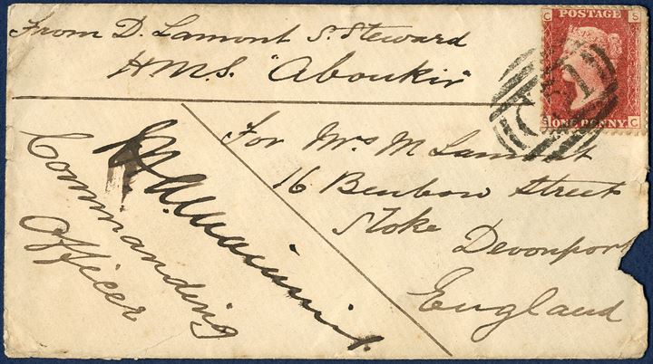 Letter from Sailor D. Lamont, S. Steward, on board HMS “Aboukir” on (29) September 1870 to Stoke, Devonport, England. Commanding Officer confirmed soldiers letter rate with signature, franked with 1d plate 122 cancelled with horizontal type 1b ‘C51’ St. Thomas. From St. Thomas with RMSPC steamer 'SHANNON' 29 august arriving Plymouth 12 September and backstamped 'DEVENPORT CO / SP13 / 70'. Sailors letters at favoured 1d rate from St. Thomas are scarce.