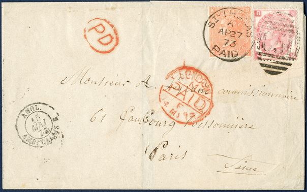 Letter from St. Thomas 27 April 1873 to Paris, France. British 4d plate 12 and 3d plate 9 cancelled with duplex  'C51 ST-THOMAS / A AP27 73 PAID' alongside red 1-ring 'LONDON M / PAID / F 4 MY73'. From St. Thomas with RMSPC steamer 'ELBE' 28 April and arriving Plymouth 14 MAY 1872. Rate 7d to France from July 1875 - 31.12.1875. One round corner on 4d stamp.